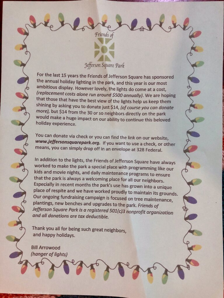 Letter to park visitors regarding holiday lighting